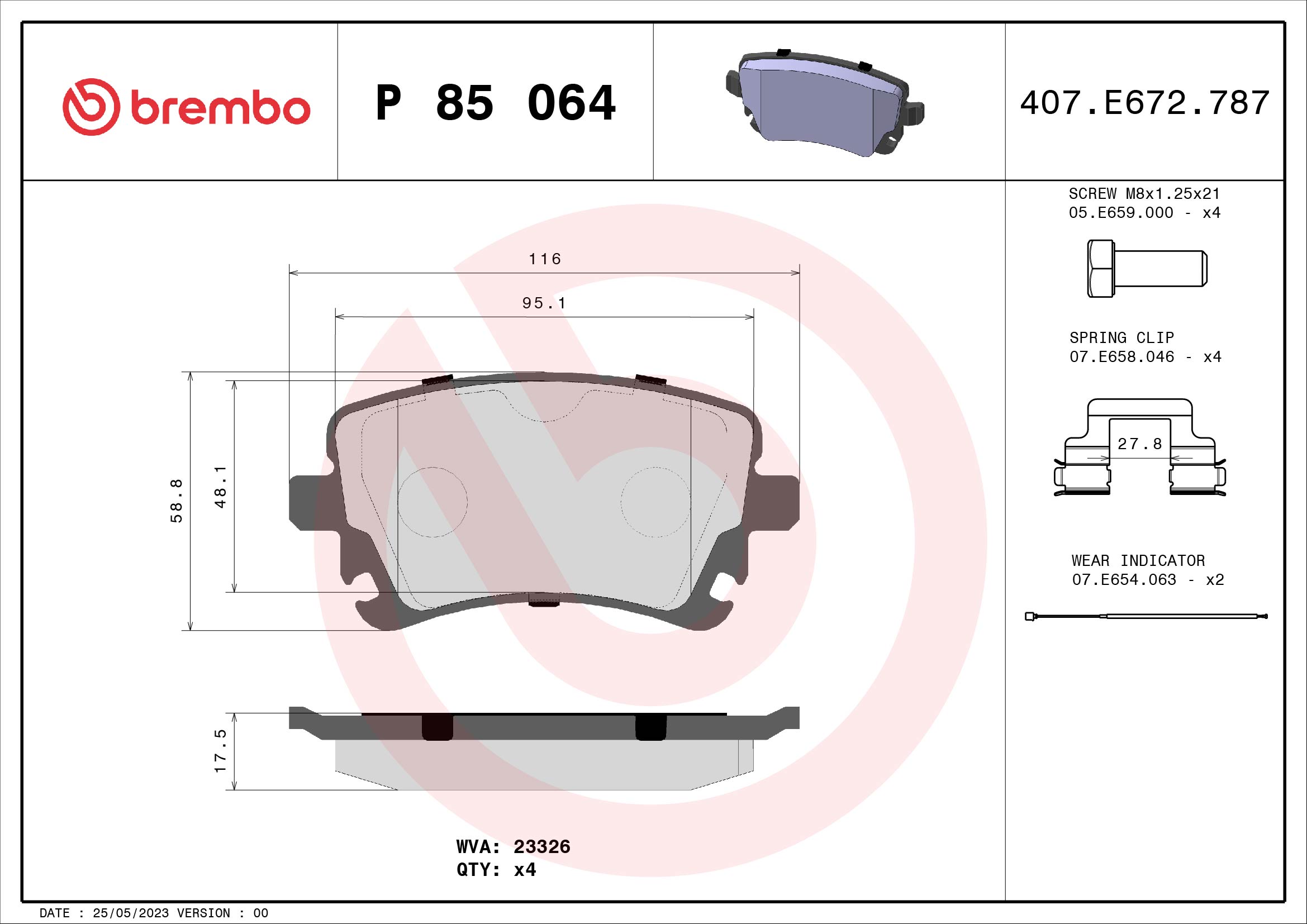 Комплект гальмівних накладок, дискове гальмо   P 85 064   BREMBO