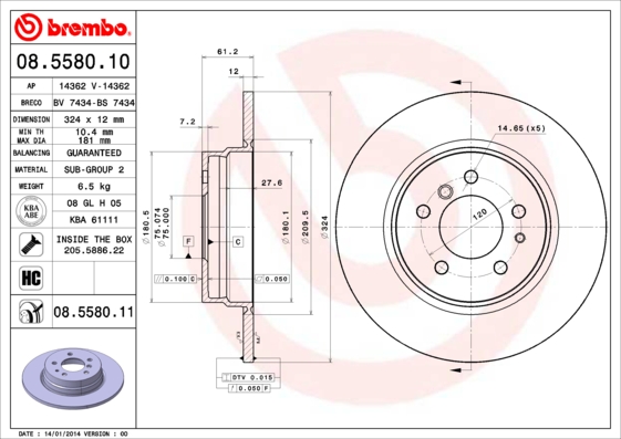 Тормозной диск   08.5580.11   BREMBO