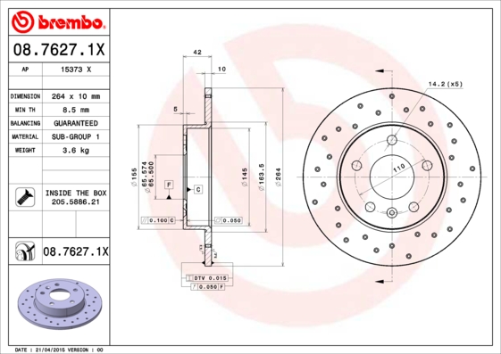 Гальмівний диск   08.7627.1X   BREMBO