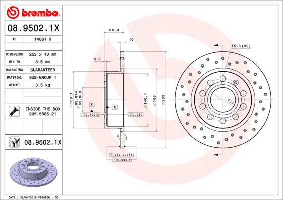 Тормозной диск   08.9502.1X   BREMBO