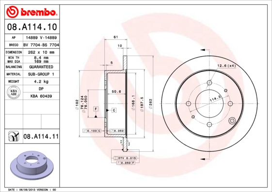 Тормозной диск   08.A114.11   BREMBO