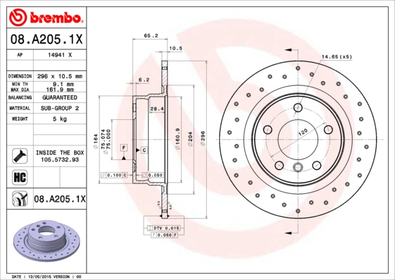 Тормозной диск   08.A205.1X   BREMBO