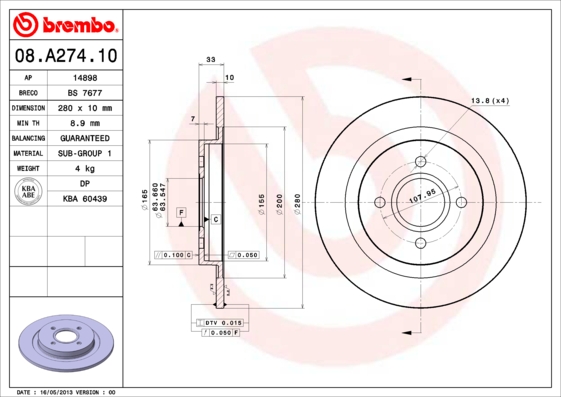 Тормозной диск   08.A274.10   BREMBO