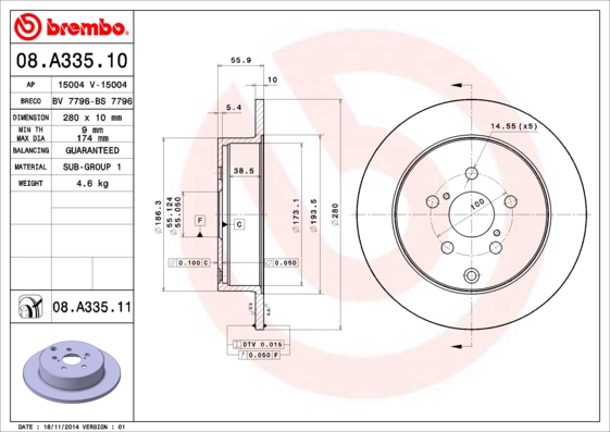 Гальмівний диск   08.A335.10   BREMBO