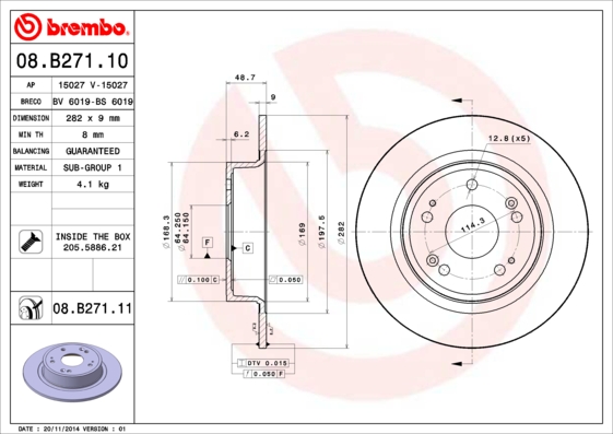 Тормозной диск, BREMBO, 08.B271.11