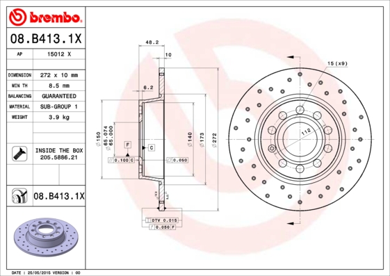 Тормозной диск   08.B413.1X   BREMBO