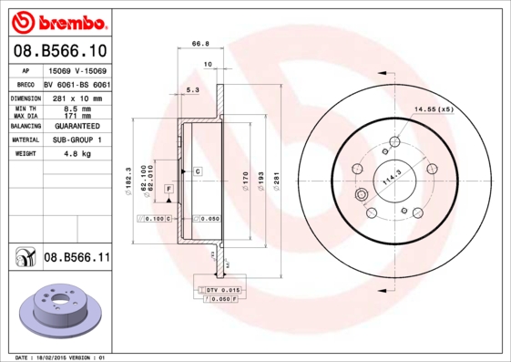 Тормозной диск   08.B566.11   BREMBO