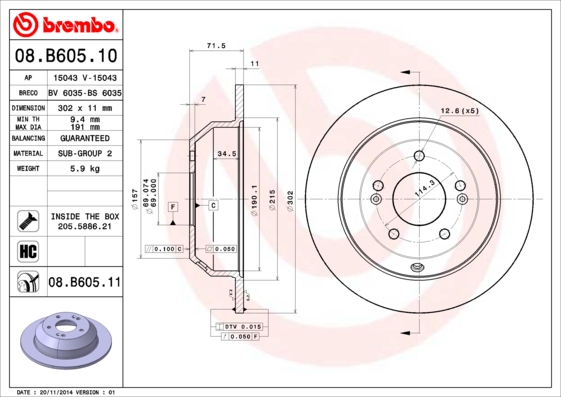 Тормозной диск   08.B605.10   BREMBO