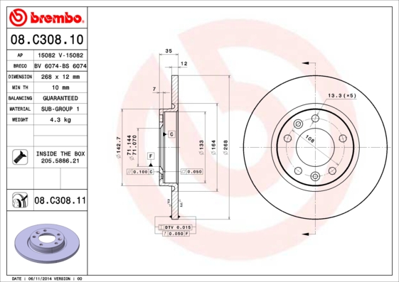Тормозной диск   08.C308.11   BREMBO