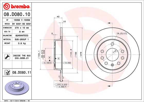 Тормозной диск   08.D080.11   BREMBO