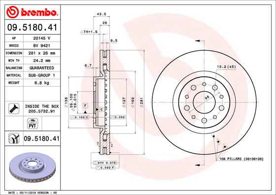 Тормозной диск   09.5180.41   BREMBO