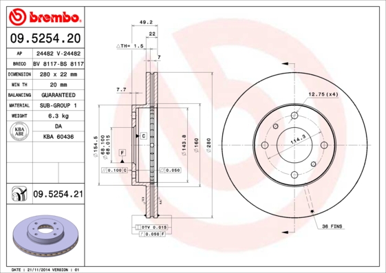 Гальмівний диск   09.5254.21   BREMBO