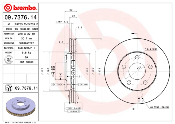 Тормозной диск   09.7376.11   BREMBO