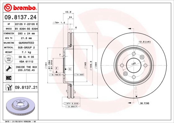 Тормозной диск   09.8137.24   BREMBO