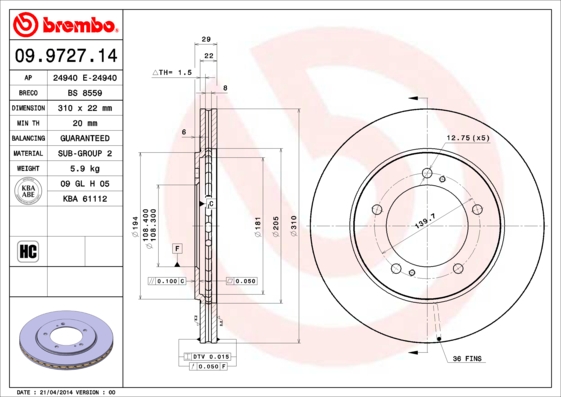 Гальмівний диск   09.9727.14   BREMBO