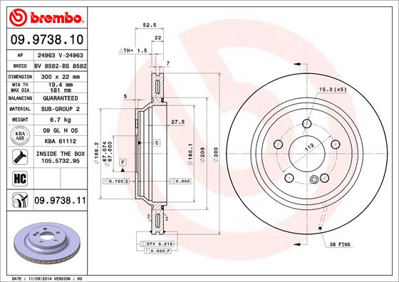 Гальмівний диск   09.9738.11   BREMBO