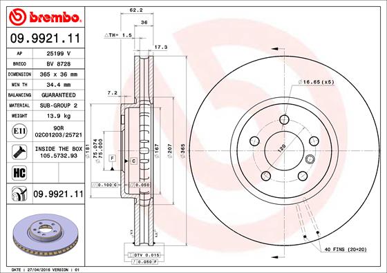 Тормозной диск   09.9921.11   BREMBO