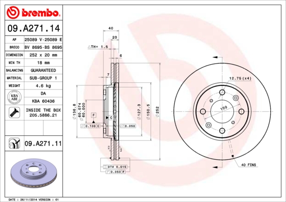 Гальмівний диск   09.A271.14   BREMBO