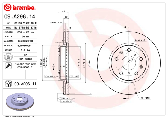 Тормозной диск   09.A296.11   BREMBO