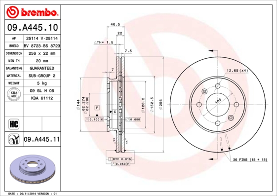 Тормозной диск   09.A445.11   BREMBO