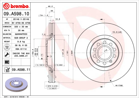 Тормозной диск   09.A598.11   BREMBO