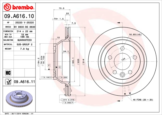 Тормозной диск   09.A616.10   BREMBO