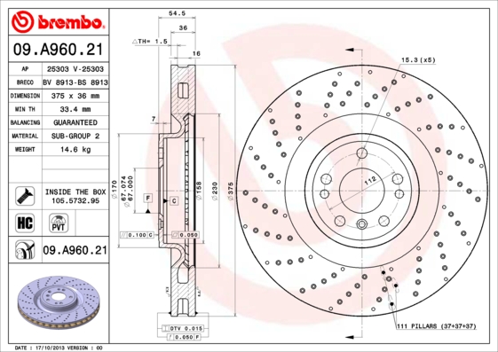 Гальмівний диск   09.A960.21   BREMBO