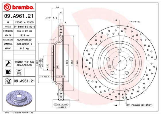 Гальмівний диск   09.A961.21   BREMBO