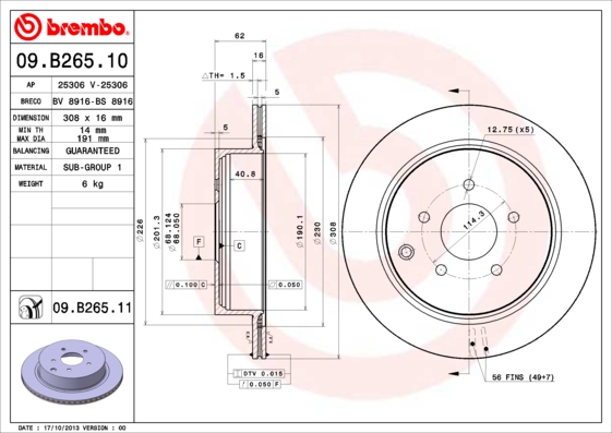 Тормозной диск, BREMBO, 09.B265.10
