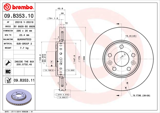 Тормозной диск   09.B353.10   BREMBO