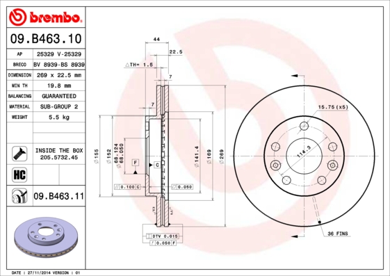 Тормозной диск   09.B463.10   BREMBO