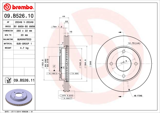 Тормозной диск   09.B526.11   BREMBO