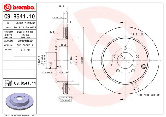 Гальмівний диск   09.B541.11   BREMBO