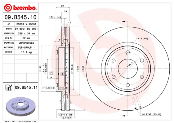 Тормозной диск   09.B545.11   BREMBO