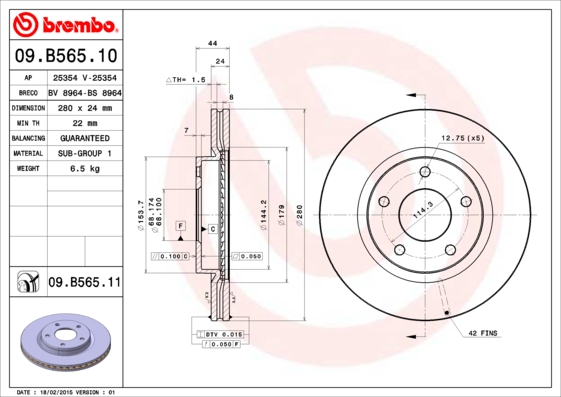 Тормозной диск   09.B565.11   BREMBO
