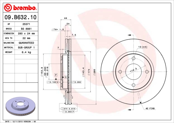 Тормозной диск   09.B632.10   BREMBO