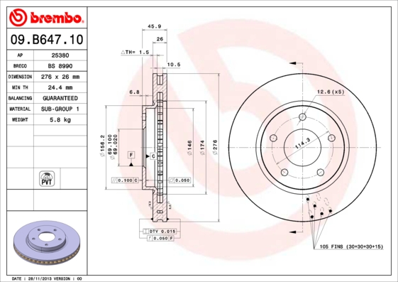 Тормозной диск   09.B647.10   BREMBO