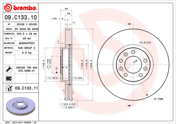 Тормозной диск   09.C133.11   BREMBO