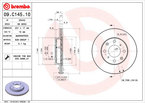 Тормозной диск, BREMBO, 09.C145.10