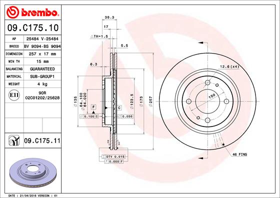Тормозной диск, BREMBO, 09.C175.11
