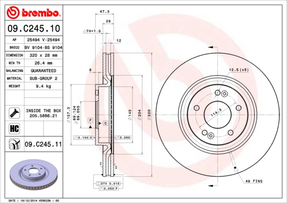 Тормозной диск, BREMBO, 09.C245.11