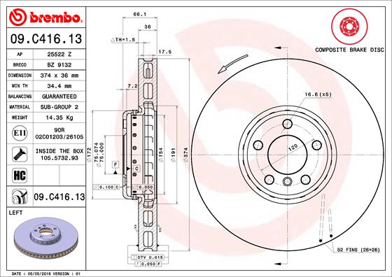 Тормозной диск   09.C416.13   BREMBO