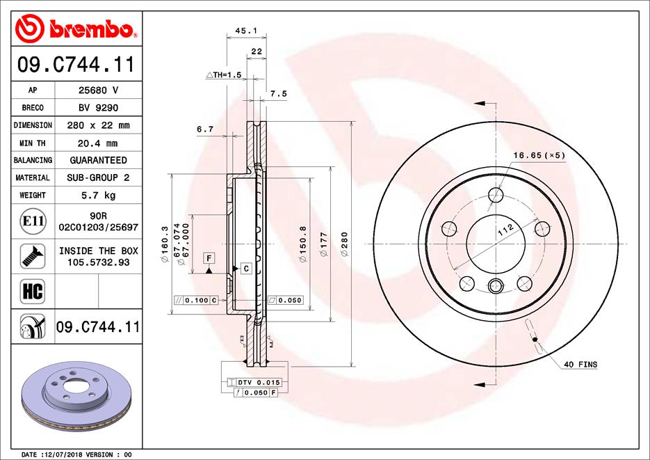 Гальмівний диск   09.C744.11   BREMBO