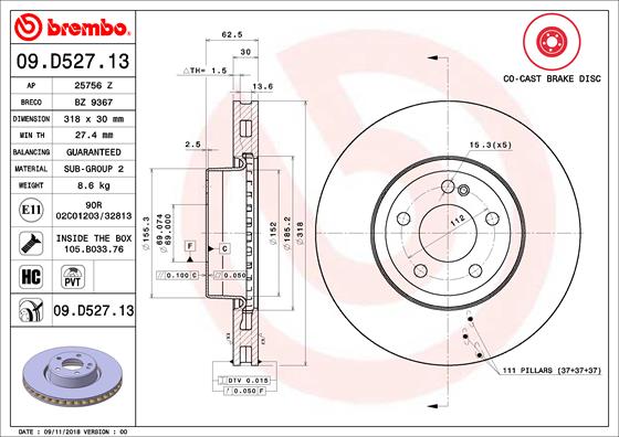 Тормозной диск   09.D527.13   BREMBO