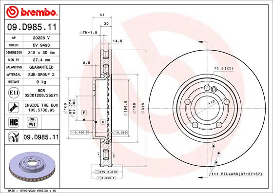 Гальмівний диск   09.D985.11   BREMBO