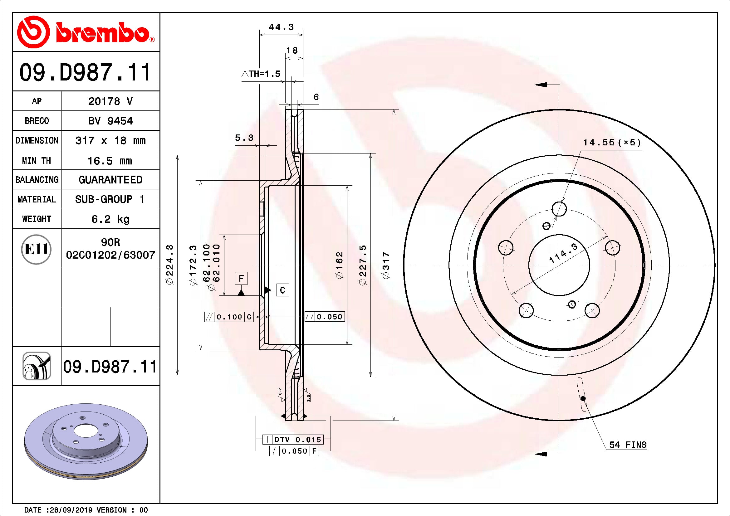 Гальмівний диск   09.D987.11   BREMBO