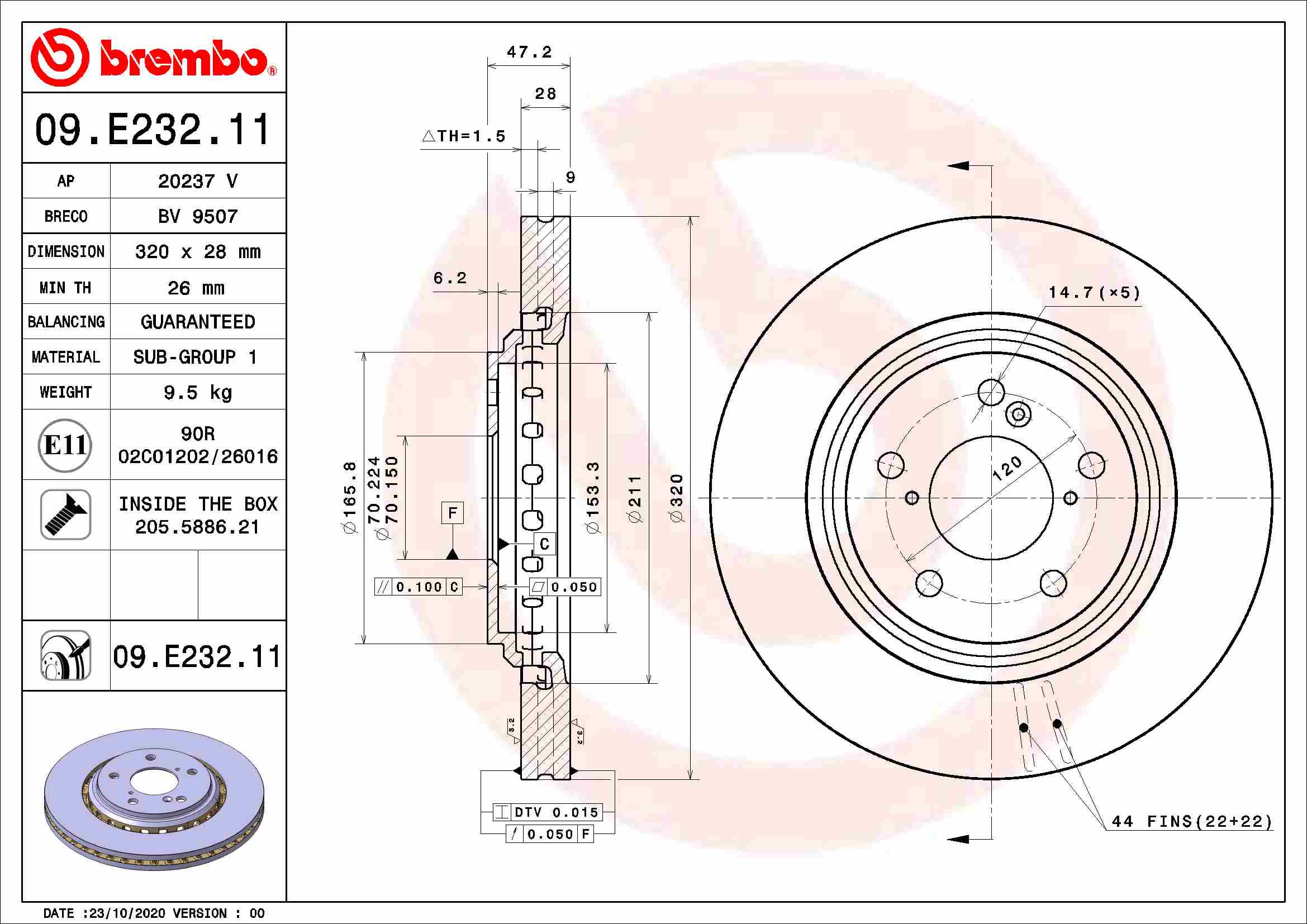 Тормозной диск, BREMBO, 09.E232.11