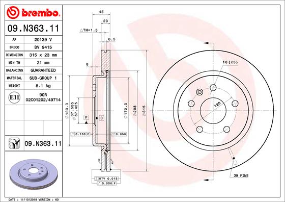 Гальмівний диск   09.N363.11   BREMBO