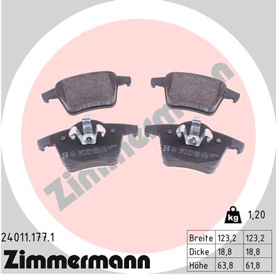 Комплект тормозных колодок, дисковый тормоз   24011.177.1   ZIMMERMANN